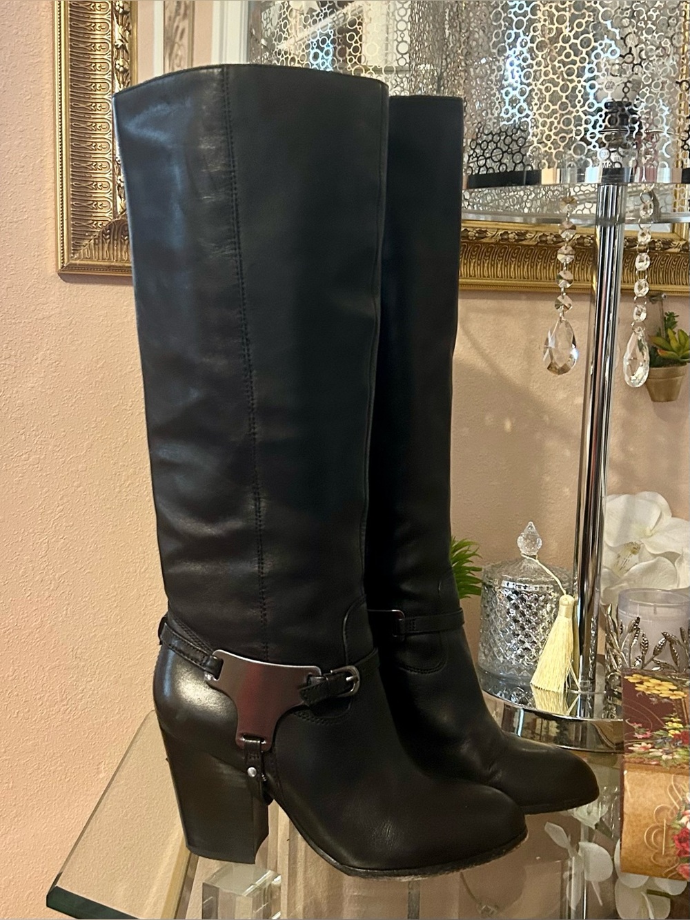 Saks Fifth Avenue Black Leather Knee-High Heeled Boots with Harness Detail 8.5